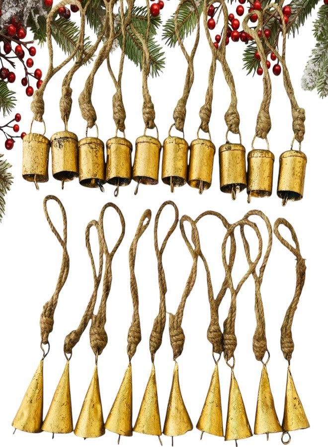 Mie Creations Set of 20 Rustic Vintage Tin Bells, Handmade Christmas Bells on Jute Rope, Decorative Christmas Tree Ornaments, 2inch Jingle Bells for Crafts, Metal Hanging Wreath Cowbells- Antique Gold - Image 1